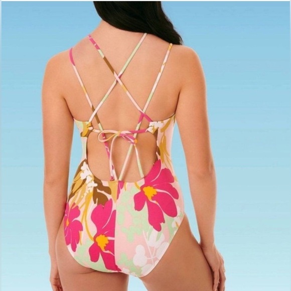 Beach Betty Sliming Control Strappy Back One Piece Swimsuit PINK FLORAL - Picture 2 of 2